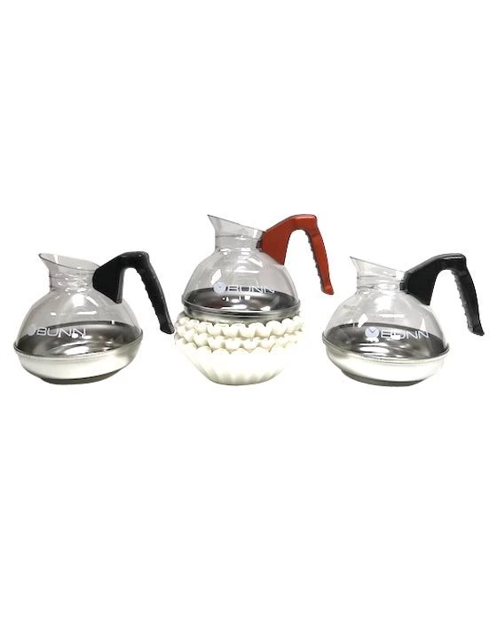 BUNN® 3 Bunn Easy Pour Pots (2 Black/1 Orange) & 150 12-Cup Filters 3 BUNN® 3 Bunn Easy Pour Pots (2 Black/1 Orange) & 150 12-Cup Filters