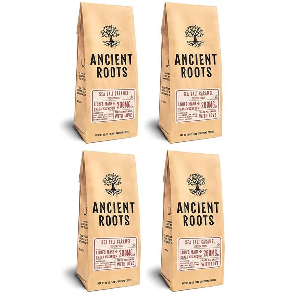 Ancient Roots Sea Salted Caramel Flavored Mushroom Medium Roast Ground Coffee, 4/12 Oz Bags 3 Ancient Roots Sea Salted Caramel Flavored Mushroom Medium Roast Ground Coffee, 4/12 Oz Bags