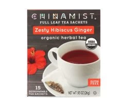 China Mist - Zesty Hibiscus Ginger Organic Black Full Leaf Tea Sachet, 15 Count Box - Biodegradable And Individually Wrapped -Beverage Shop zestyhibiscusginger teasachet packet