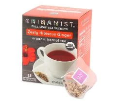 China Mist - Zesty Hibiscus Ginger Organic Black Full Leaf Tea Sachet, 2 Boxes 15 Count Each - Biodegradable And Individually Wrapped -Beverage Shop zestyhibiscusginger teasachets main 730x616 1